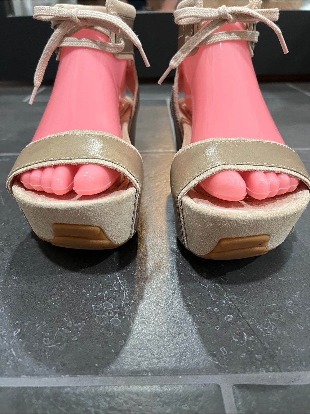 Tsubo Neutral Beige Leather & Suede Ankle-Tie Platforms - Picture 2 of 10
